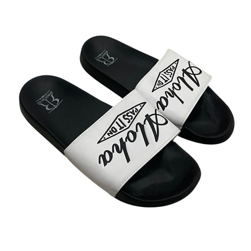 Robin Ruth Aloha Pass It On Black & White Slip-On Slides Sandals