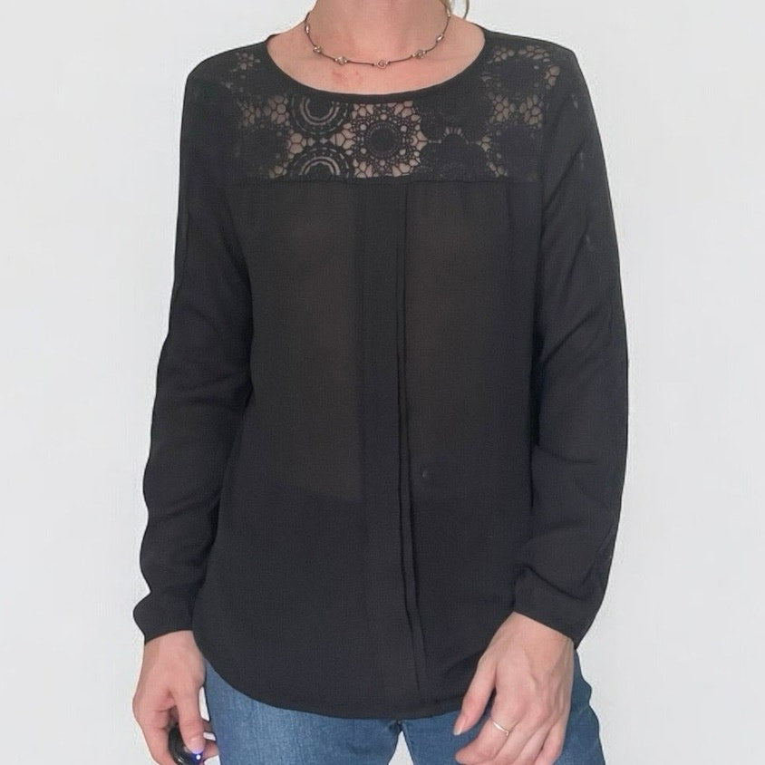 41 Hawthorn Sheer Black Lace Trim Long Sleeve Blouse