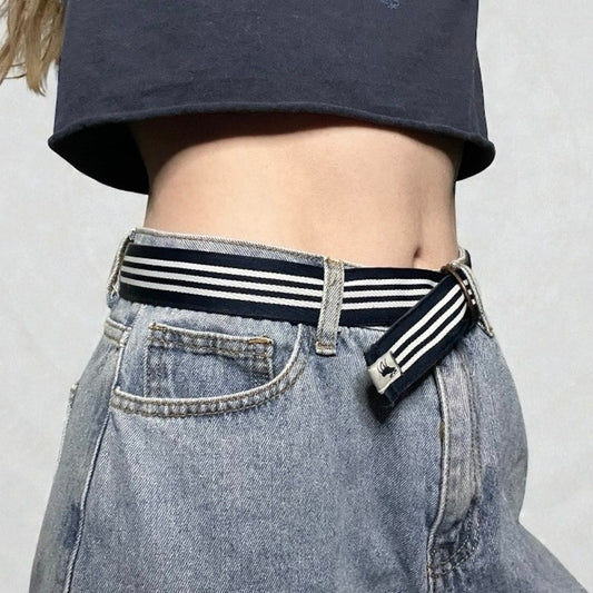 Abercrombie & Fitch Navy Blue + White Striped D-Ring Canvas Belt