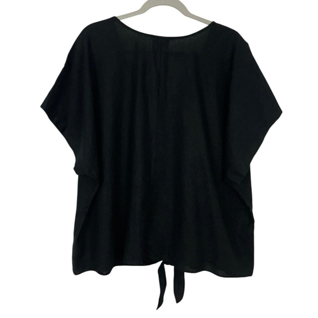 Ava & Viv Black V-Neck Short Sleeve Tie Blouse