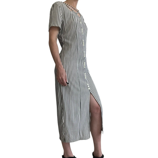 D.B.Y. Ltd Vintage Grey & White Striped Button Down Cutout Neck Maxi Dress
