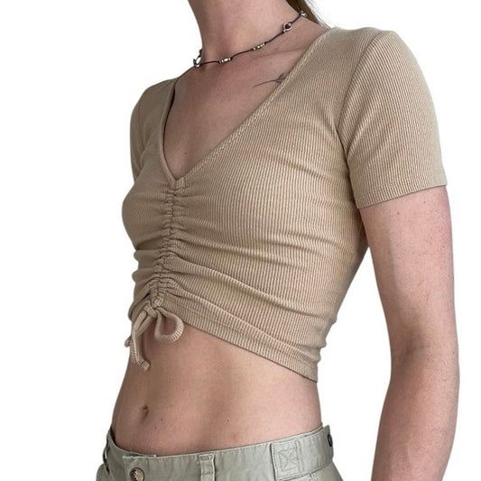Beige Ribbed Cinched Short Sleeve Cropped Top