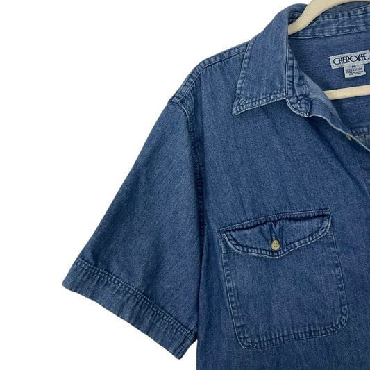 Cherokee Mens Vintage Denim Button Down Short Sleeve Shirt