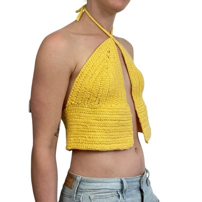 Yellow Knit Open Front Halter Neck Cropped Top