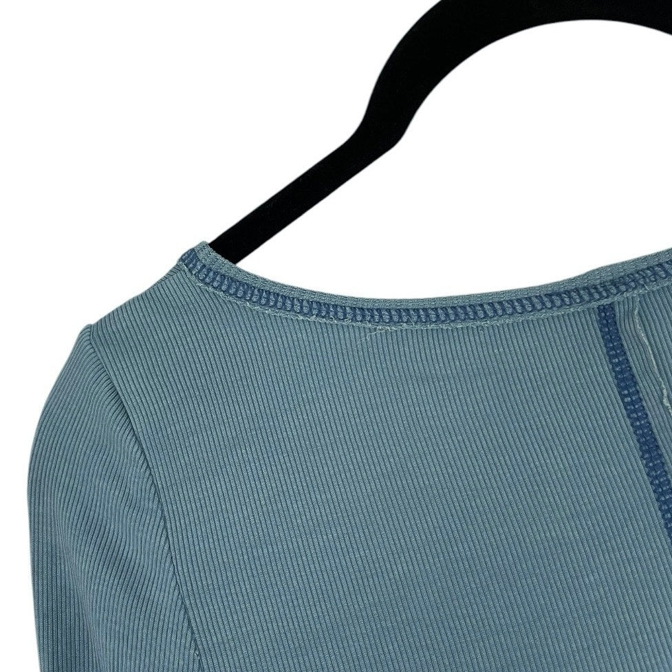 Out From Under Blue Contrast Stitch Patchwork Long Sleeve Cropped Top