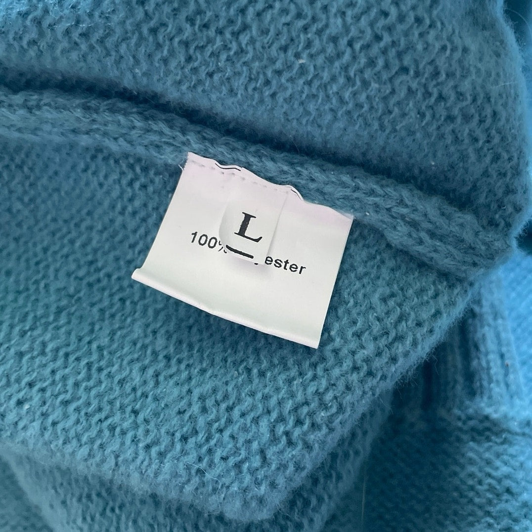 Blue Textured Cable Knit Turtleneck Sweater