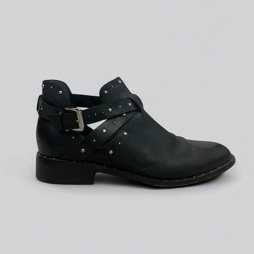 Halogen Black Genuine Leather Studded Strappy Ankle Boots
