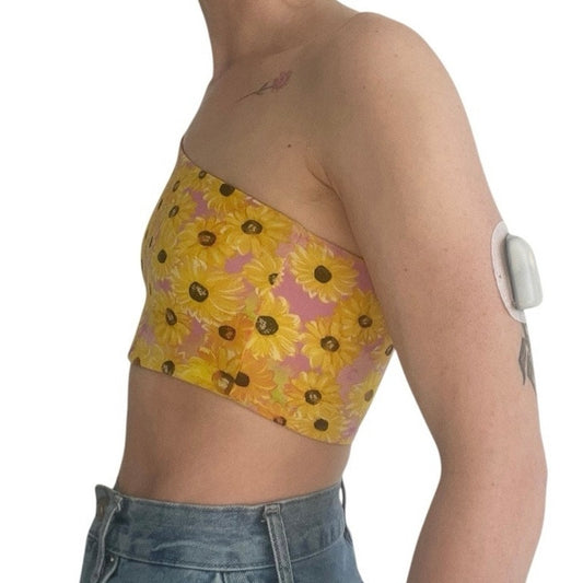 Yellow & Pink Sunflower One Shoulder Cropped Top
