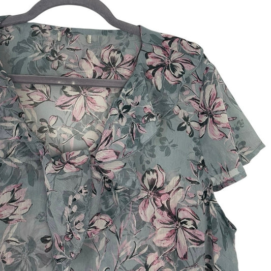 Sheer Grey & Pink Floral Ruffled V-Neck Blouse