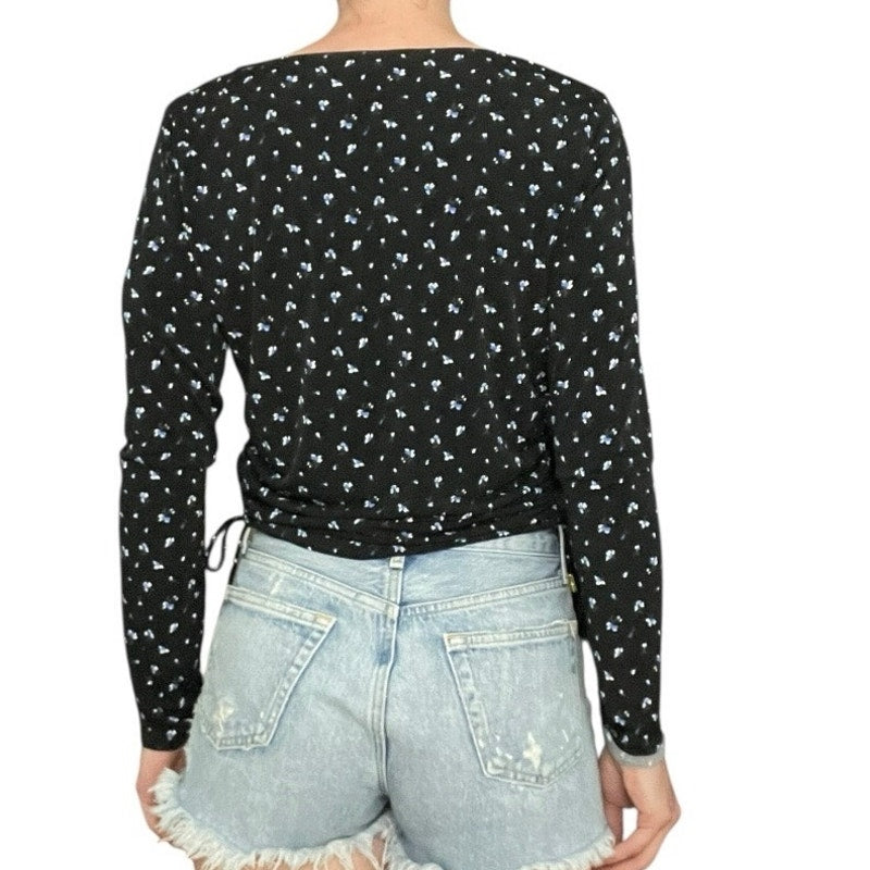 Michael by Michael Kors Black & Blue Floral Long Sleeve Square Neck Blouse