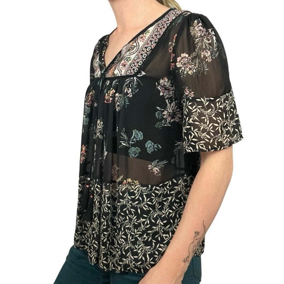Knox Rose Sheer Black Boho Floral Short Sleeve Blouse