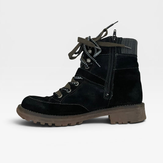 Colony Black Suede Knit Cuff Lace Up Combat Ankle Boots