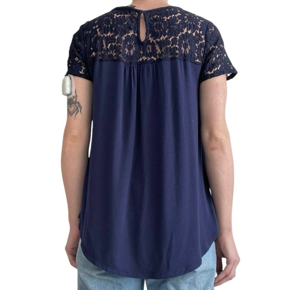 Halogen Navy Blue Floral Lace Short Sleeve Blouse