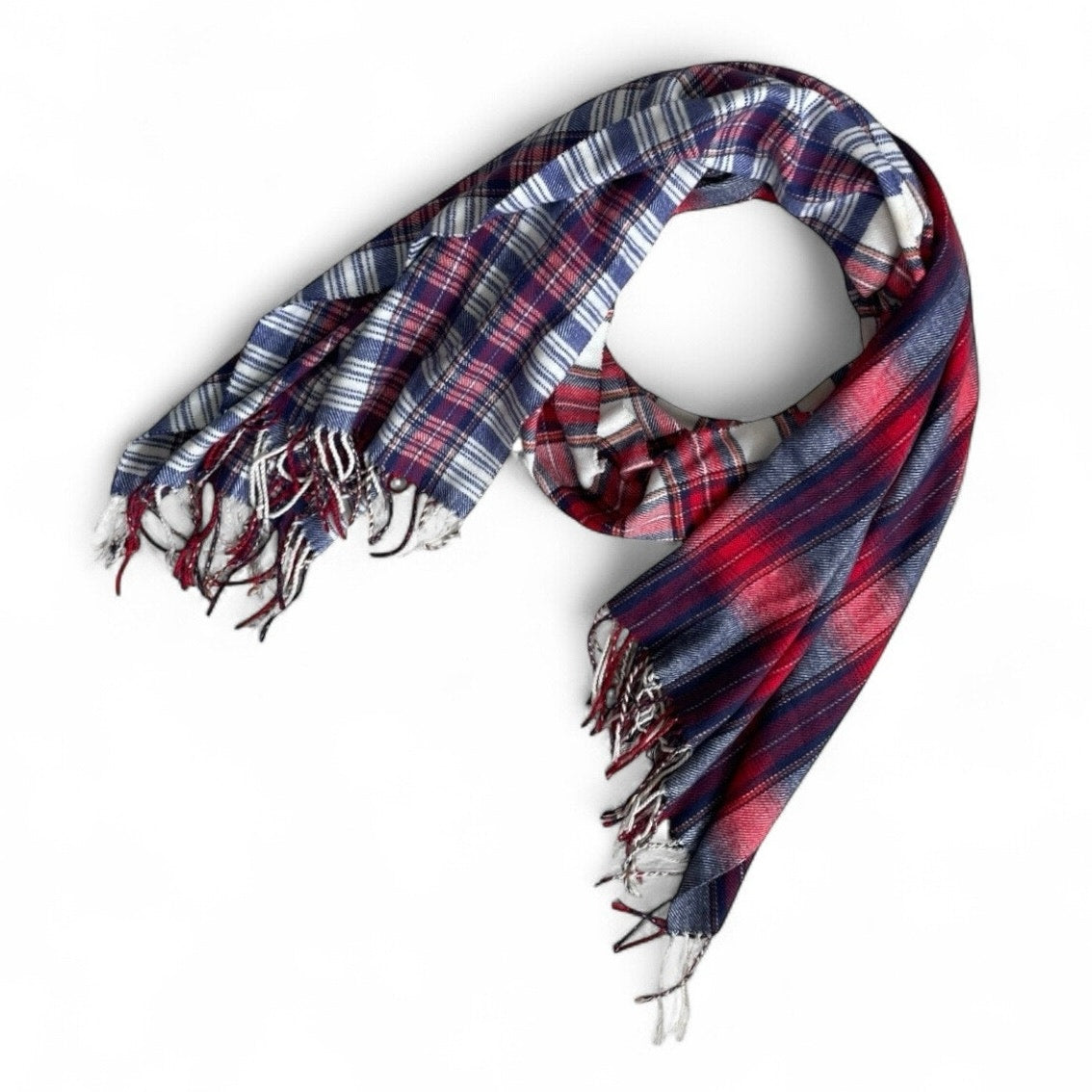 Soft Red & Blue Plaid Fringe Scarf