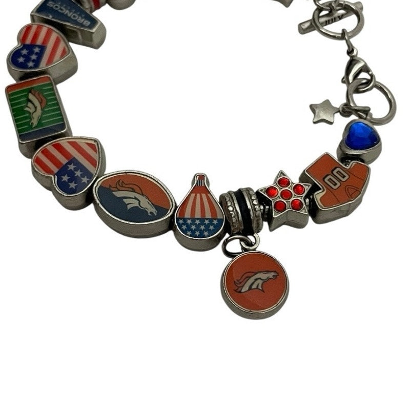 Silver Denver Broncos 4th of July Blue & Orange Charm Bracelet