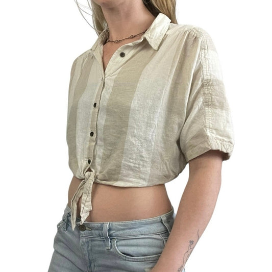 BDG Beige & White Striped Cropped Tie Front Button Down Blouse