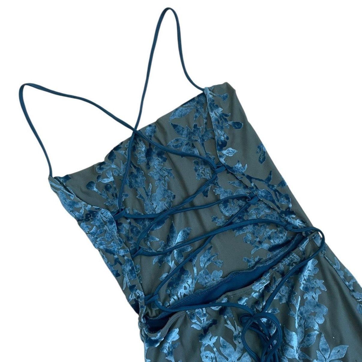 Lucy In The Sky Blue Floral Velvet Lace Up Cross Back Mini Dress