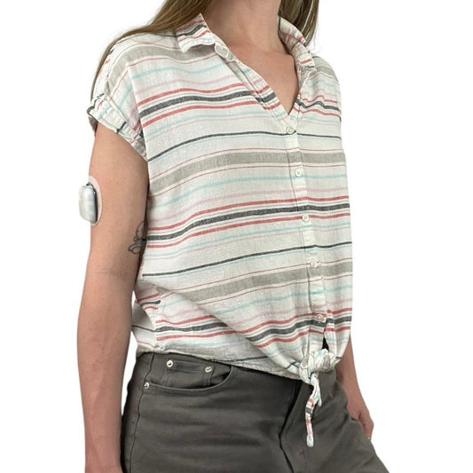 Weatherproof Vintage Colorful Striped Button Down Tie Up Washable Linen Blouse