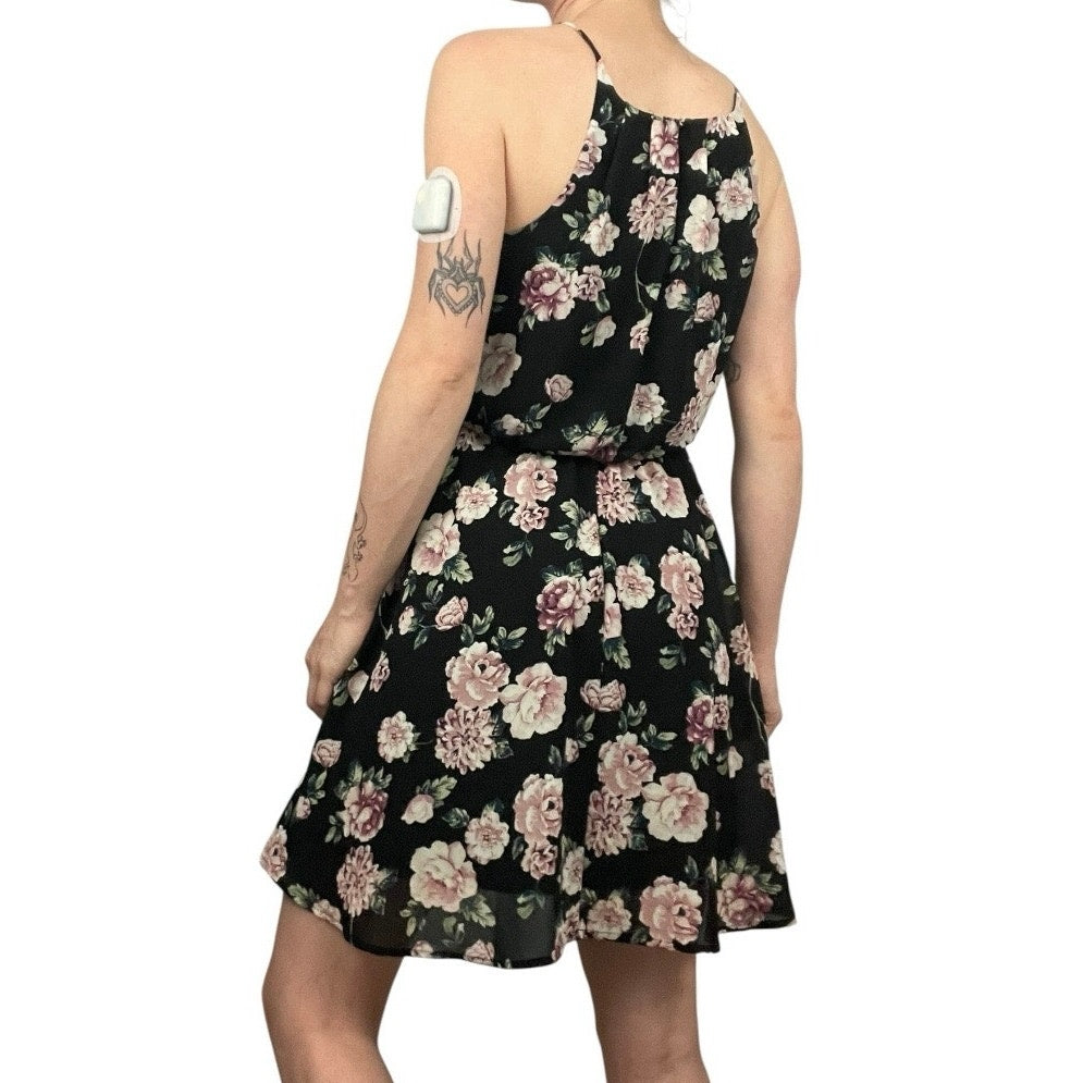 Blue Rain Black & Pink Floral A-Line Mini Dress