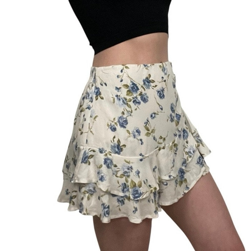 Full Tilt White & Blue Floral Ruffled Mini Skort