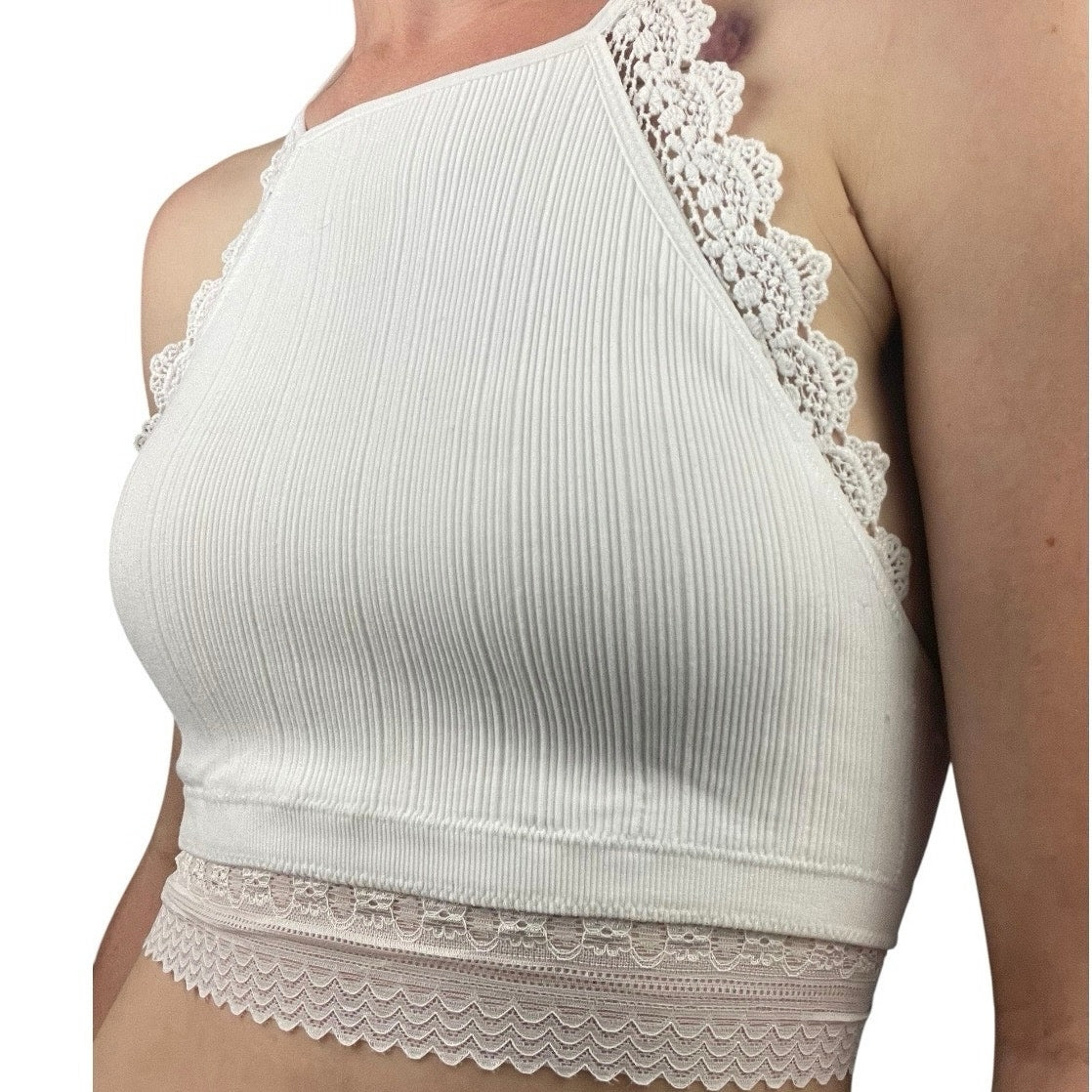 NWOT White Lace Trim Ribbed Strappy Open Back Padded Bralette Top