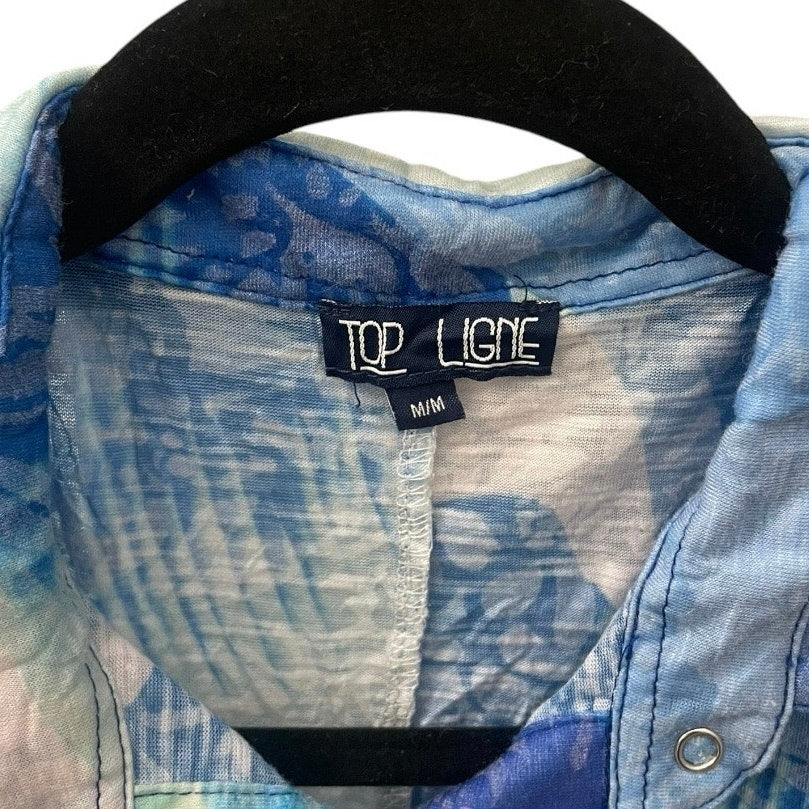 Top Ligne Soft Blue Floral Button Down Quarter Sleeve Blouse