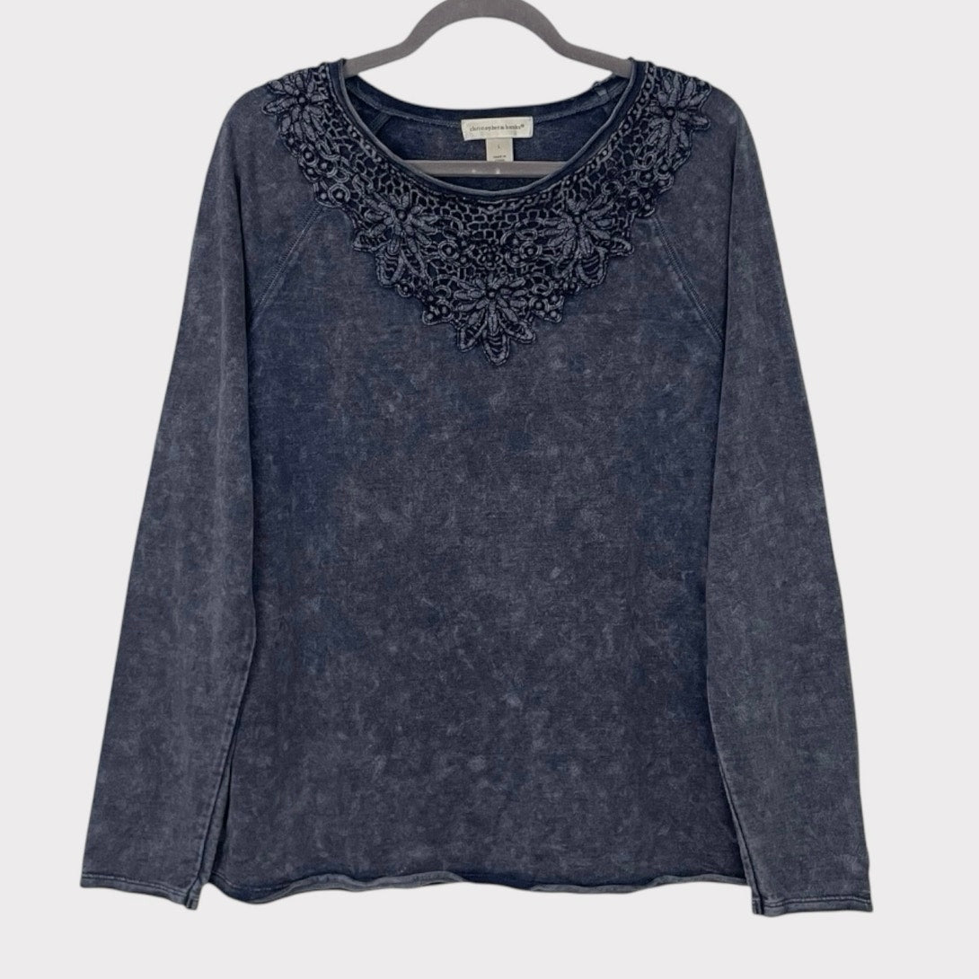 Christopher & Banks Navy Blue Boho Embellished Long Sleeve Top