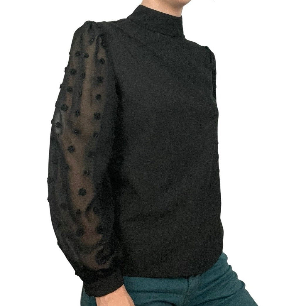 Black Puff Sheer Textured Sleeve High Neck Blouse