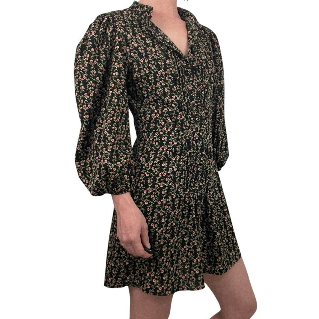 Topshop Black & Pink Floral Print Long Puff Sleeve Button Down Mini Dress