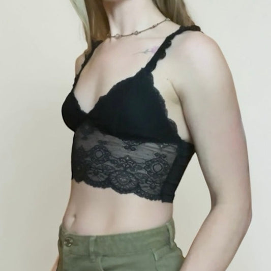 Princess Polly Black Sheer Lace Trim Cropped Tank Top