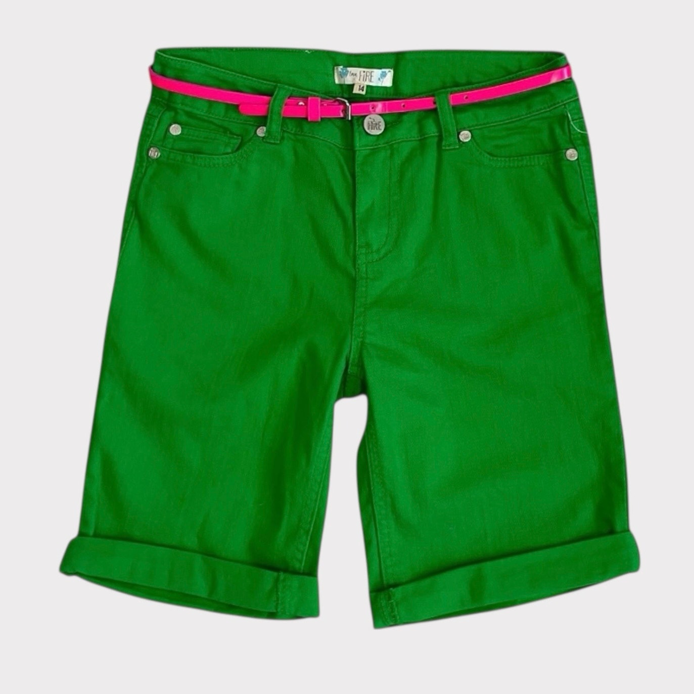 NWT Love, Fire Girls Jolly Rancher Green & Pink Belt Denim Cuffed Midi Shorts