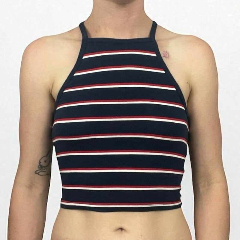 Divided Navy Blue & Red Striped Cropped Tank Top