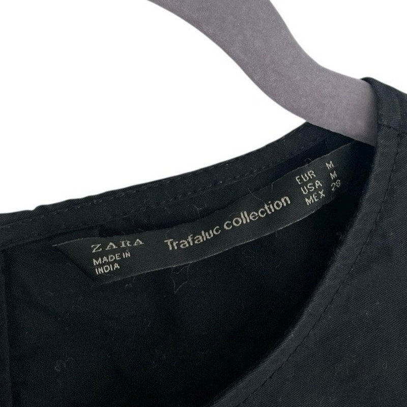 Trafaluc by Zara Black Mini Dress with Lace Up Floral Embroidered Long Sleeves