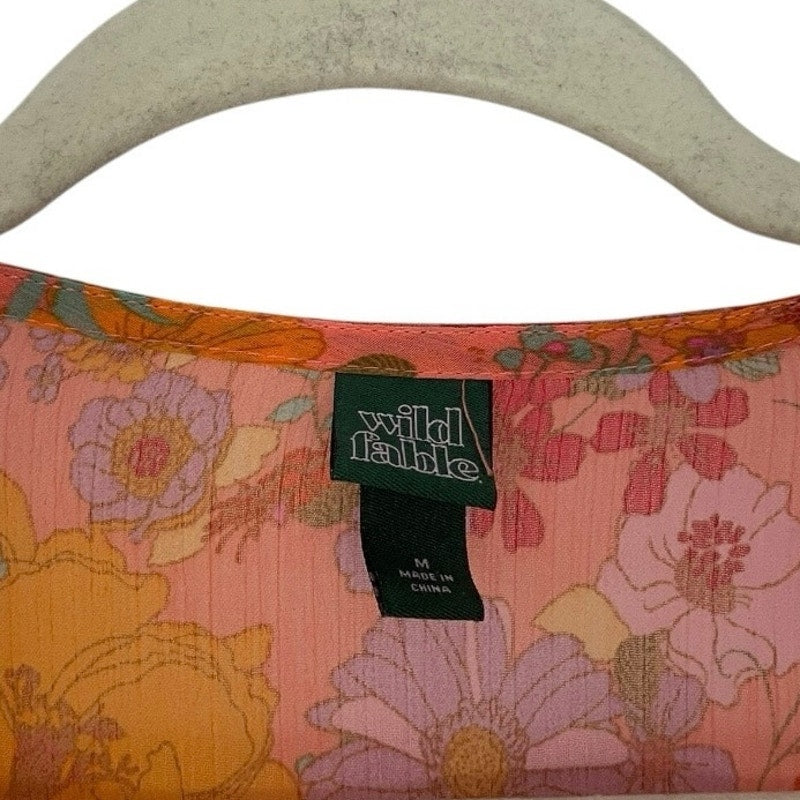 Wild Fable Sheer Orange Floral Long Bell Sleeve Tie Front Blouse