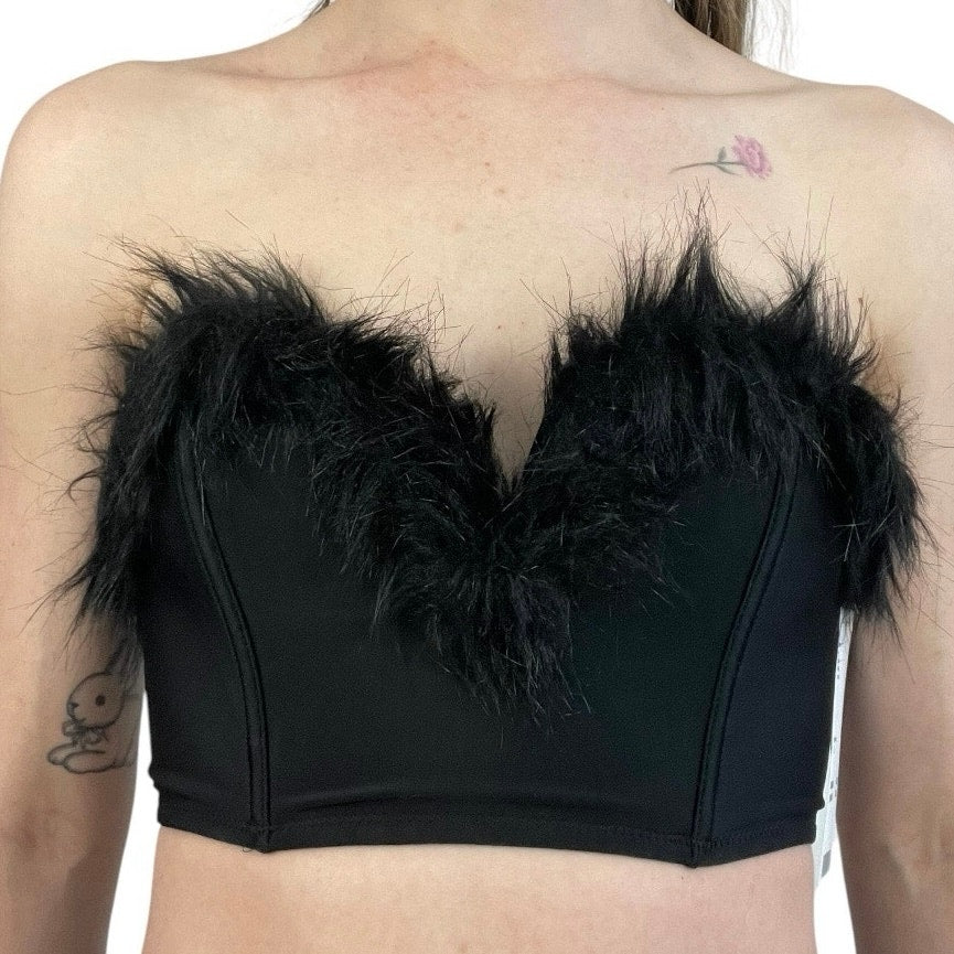 NWT Out From Under Black Faux Fur Strapless Corset Top