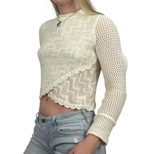 Free People White Lace Trim Sheer Knit Cross Front Sweater