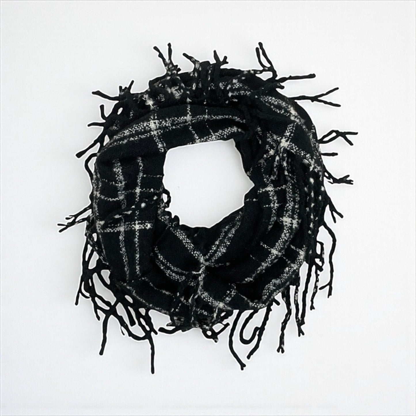 Black & White Plaid Fringe Knit Infinity Scarf