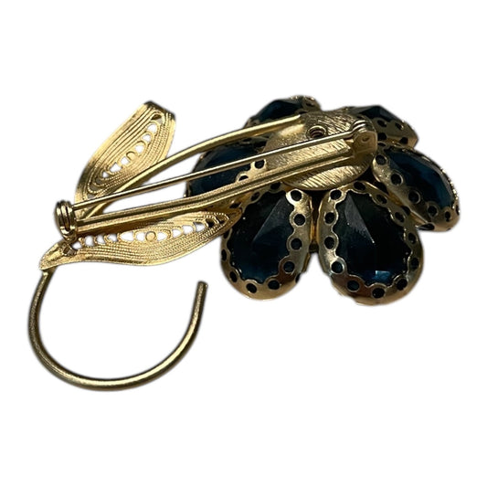 Vintage Blue Gemstone & Gold Flower Pendant Brooch Pin