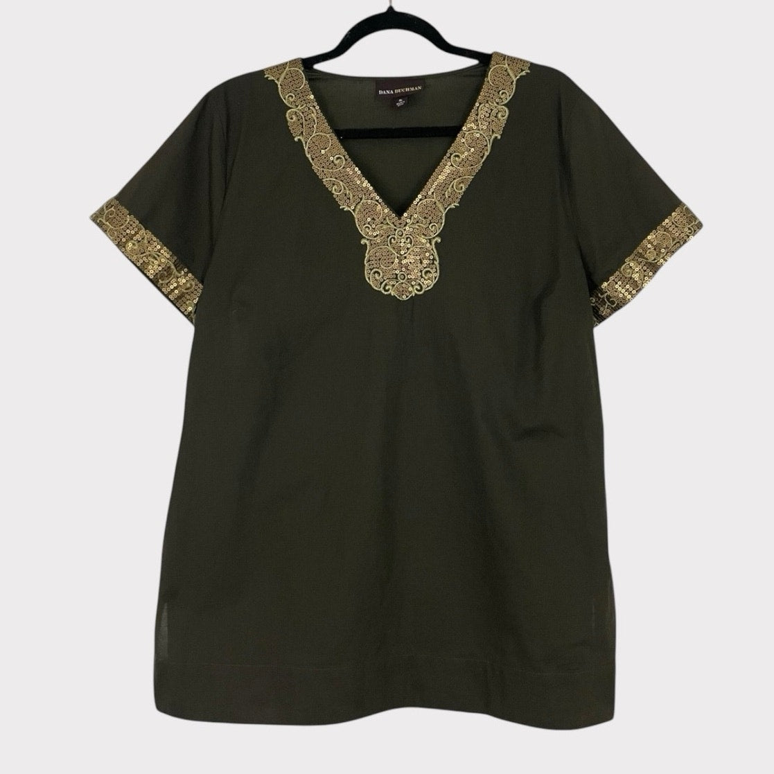 Dana Buchman Green & Gold Sequin Short Sleeve V-Neck Blouse