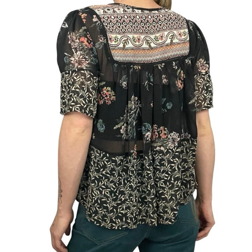 Knox Rose Sheer Black Boho Floral Short Sleeve Blouse