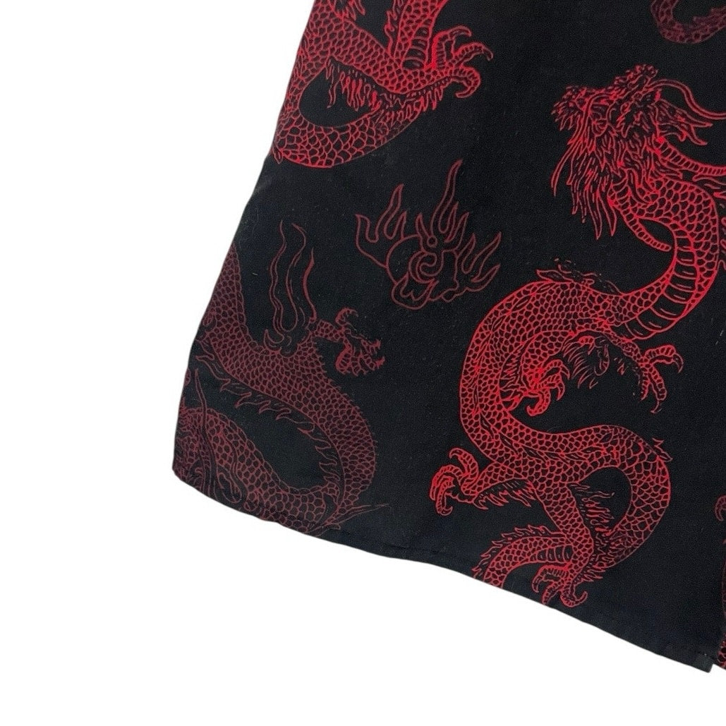 ROMWE Black & Red Dragon Print Short Sleeve Button Down Shirt