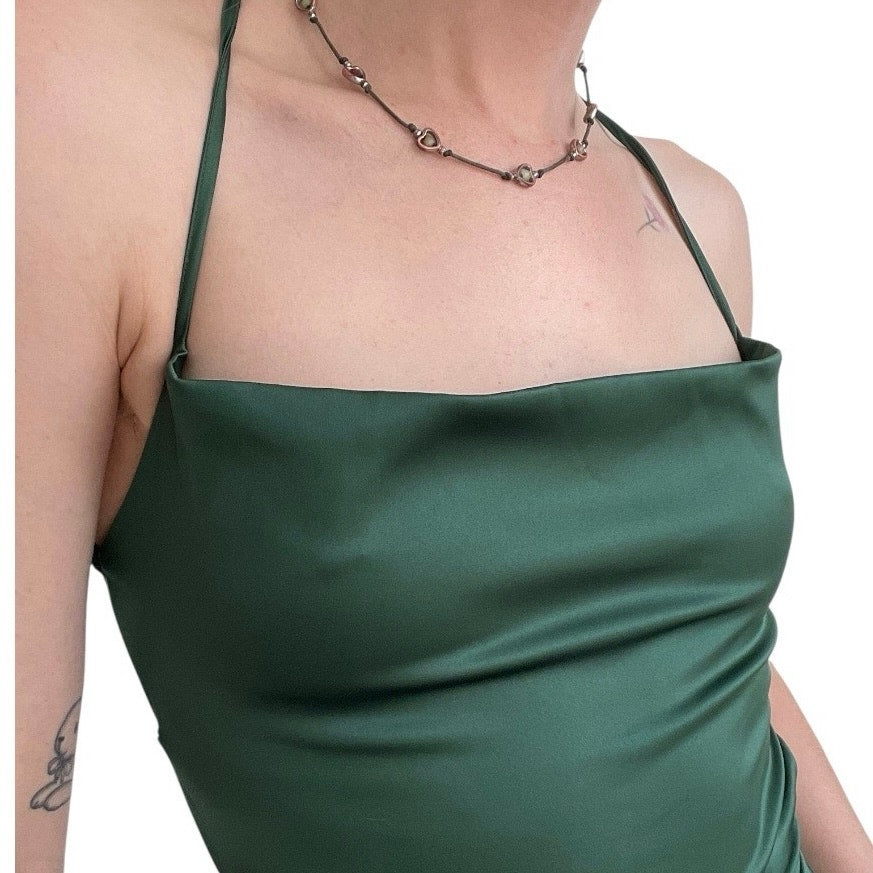 Silky Green Asymmetrical Cinched Halter Neck Open Lace Up Cross Back Dress