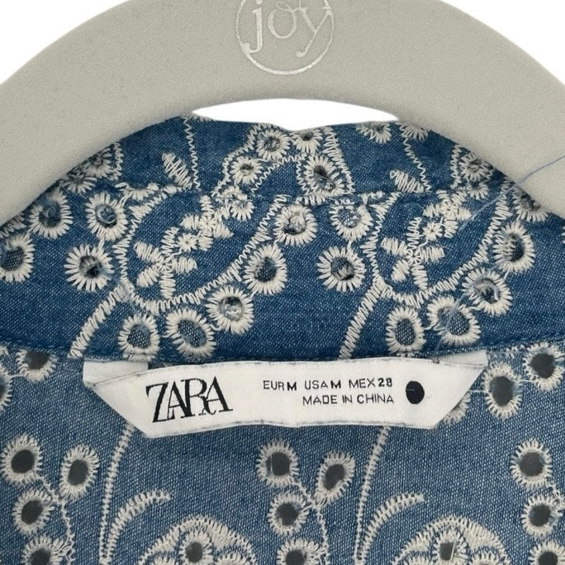 Zara Blue Boho Eyelet Embroidered Button Down Tunic Blouse