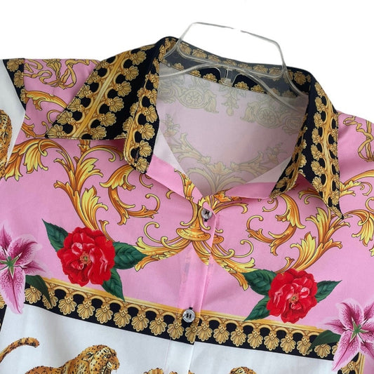 Beautiful Oriental Print Pink Tiger Long Sleeve Button Down Blouse