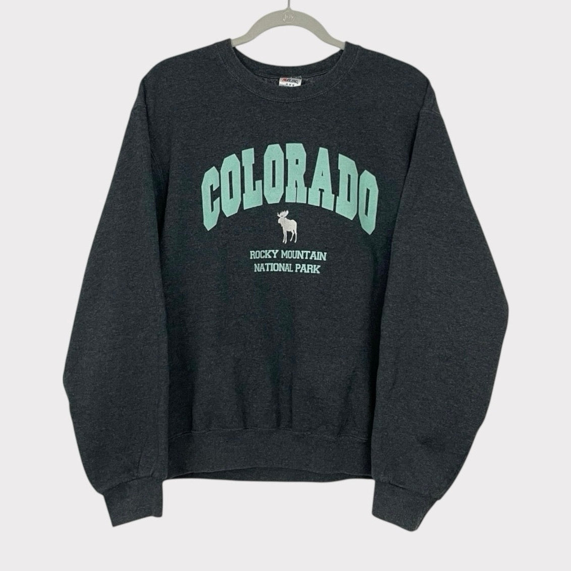 Jerzees NuBlend Grey & Blue Colorado RMNP Moose Graphic Sweatshirt