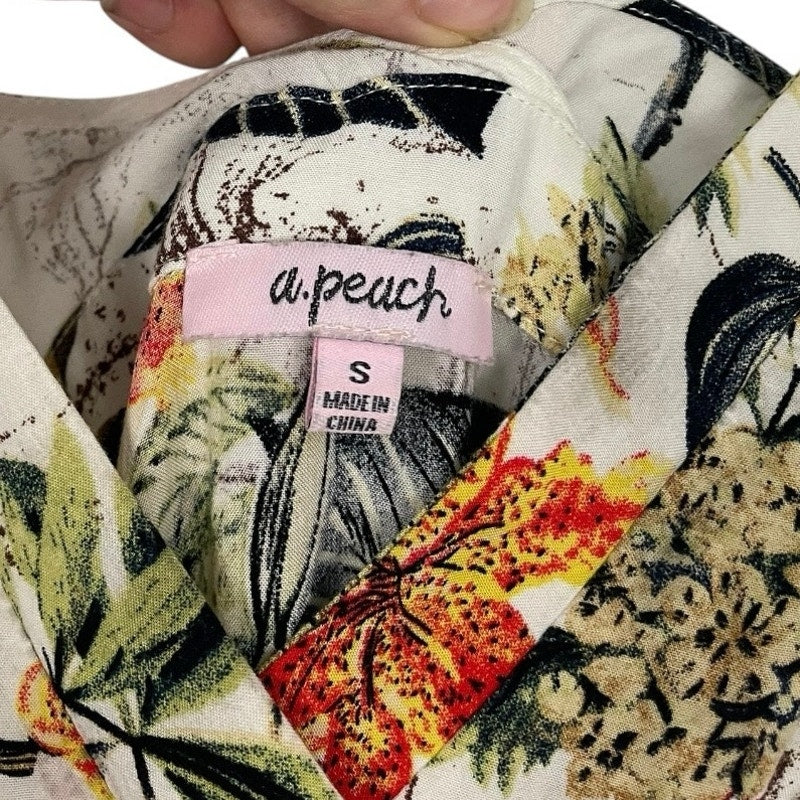 A. Peach Tropical V-Neck A-Line Midi Wrap Dress