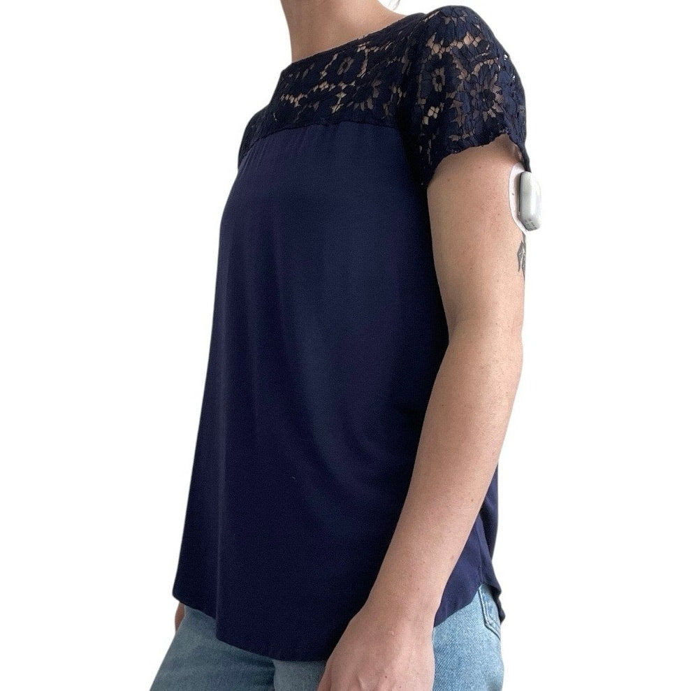 Halogen Navy Blue Floral Lace Short Sleeve Blouse