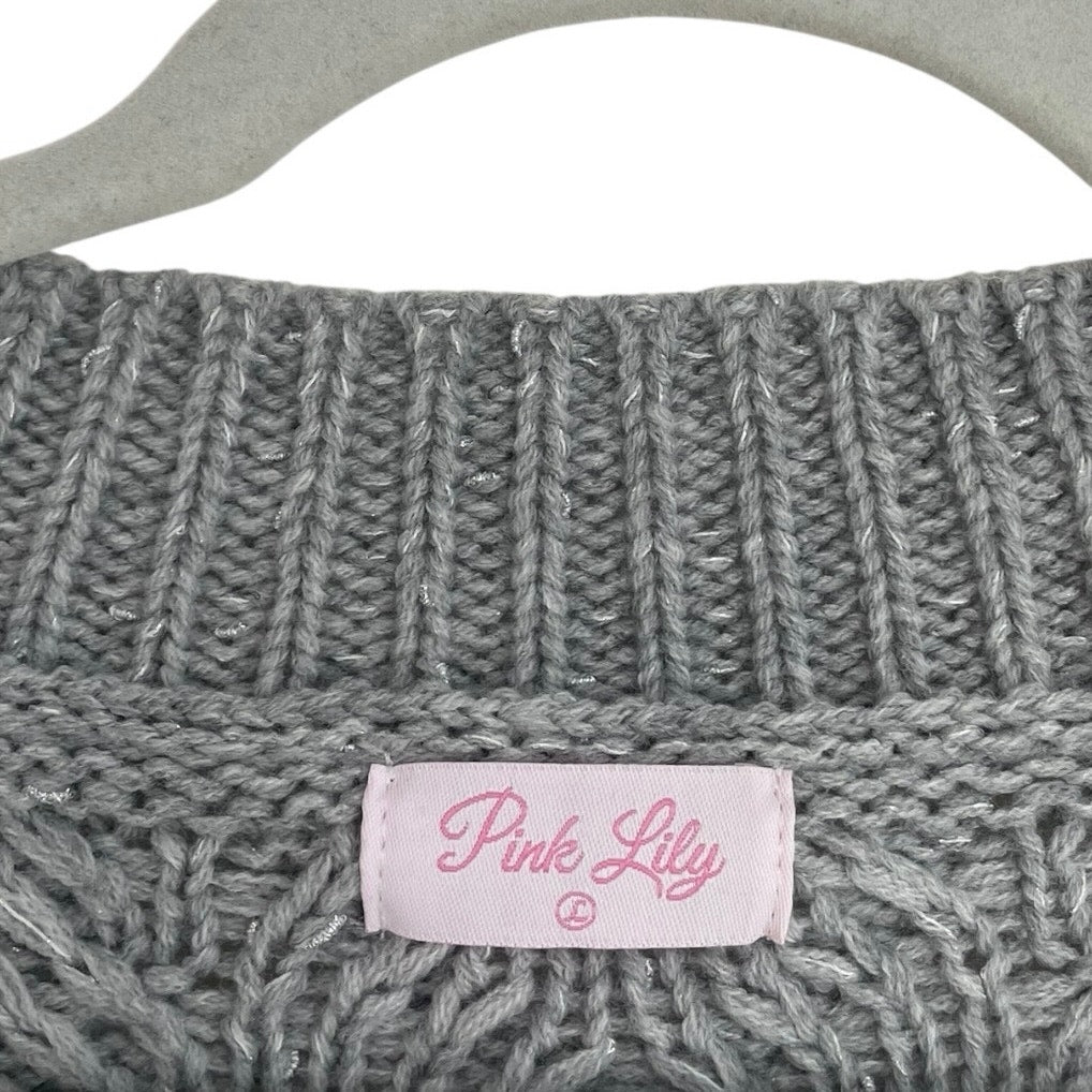 Pink Lily Grey Button Down Metallic Cable Knit Cardigan Sweater