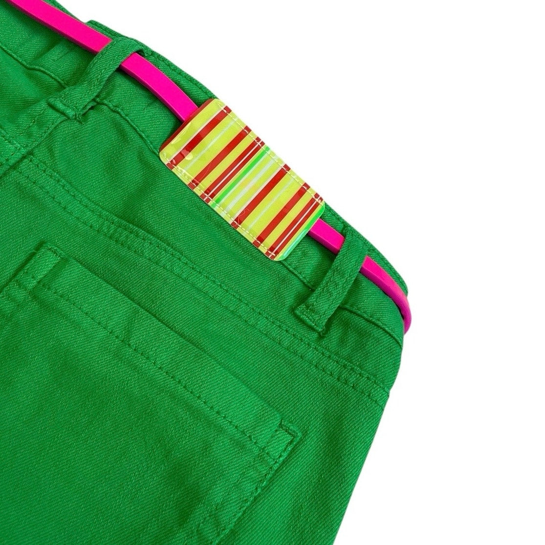 NWT Love, Fire Girls Jolly Rancher Green & Pink Belt Denim Cuffed Midi Shorts