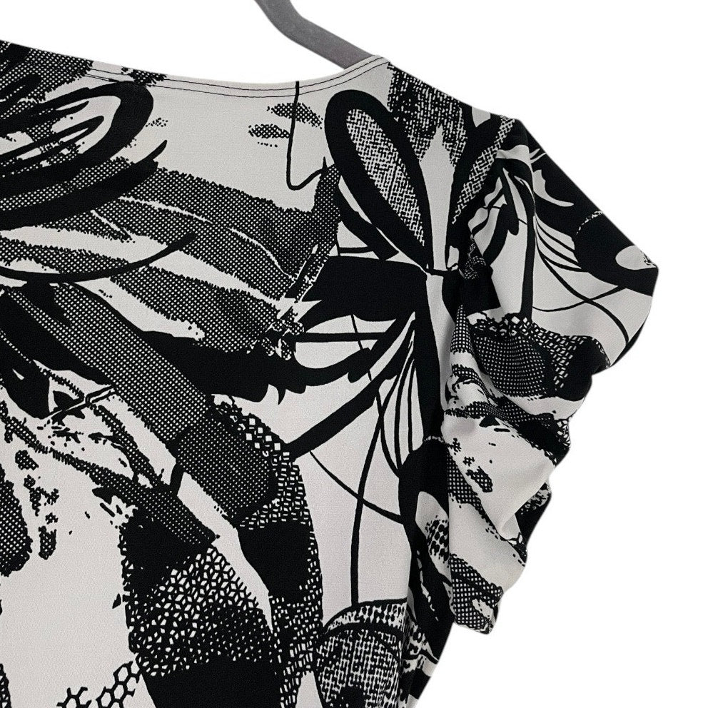 AB Studio Black and White Abstract Ruched Short Puff Sleeve Blouse
